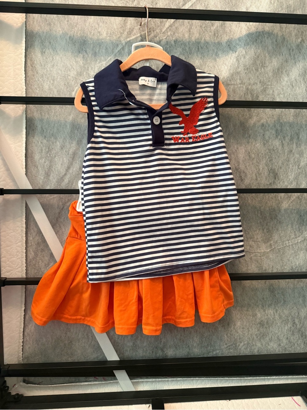 Navy Striped Polo Top & Orange Skirt Kids Set